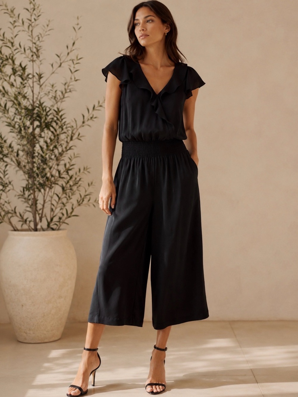 Parker Billie Black Crepe Smocked Wide Leg Jumpsuit Size 8